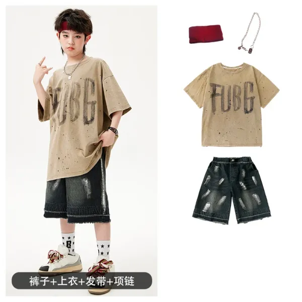 FUBG Distressed Graphic Tee Beige + Ripped Denim Shorts Black + Red Headband + Chain Necklace Set - 1