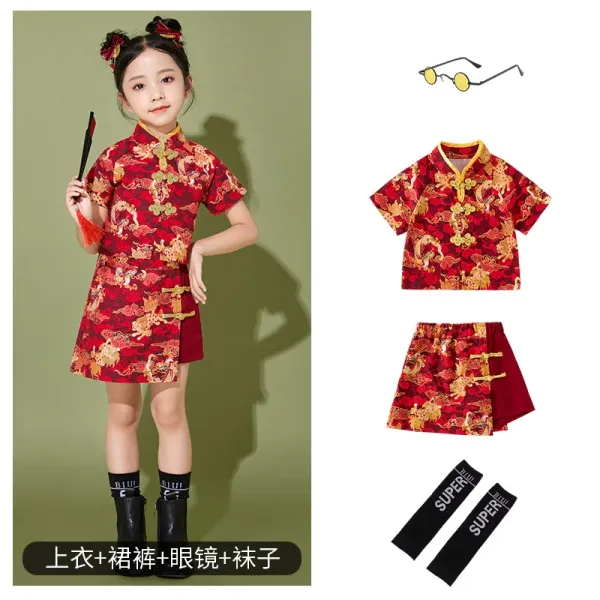 Traditional Chinese Dragon Print Cheongsam Set Red Multicolor Dress - 1