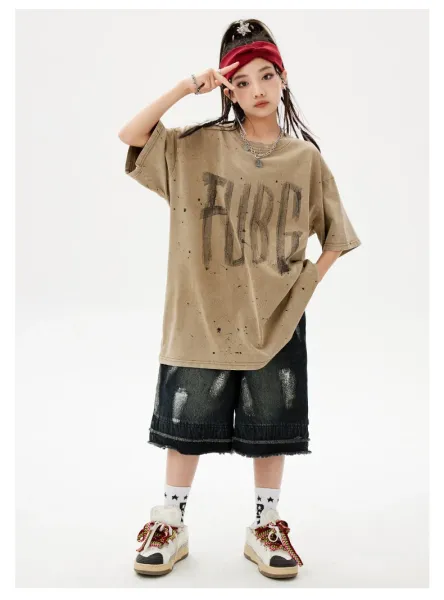 PUBG x Streetwear Oversized Graphic Tee Beige + Distressed Denim Shorts Black + Camo Cap + Star Socks Set - 10
