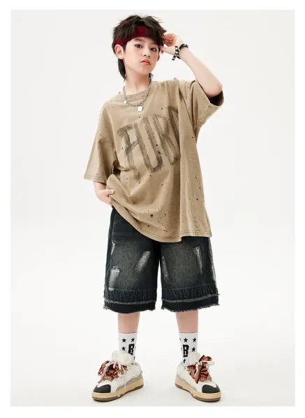 PUBG x Streetwear Oversized Graphic Tee Beige + Distressed Denim Shorts Black + Camo Cap + Star Socks Set - 14