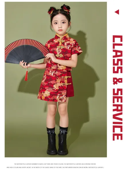 Traditional Chinese Dragon Print Hanfu-Style Set Red + Black Shorts + Folding Fan - 10
