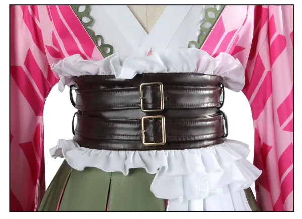 Cosplay Full Set + Wig: Pink & Green Gradient Hair, White Ruffled Shirt, Olive Skirt, Geometric Coat - 14
