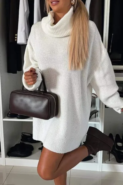 Oversized Turtleneck Knit Dress White Sweater Dress - 9
