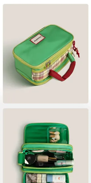 GOOODFOR Plaid-Trimmed Mini Boston Bag in Lime Green and Blue - 8