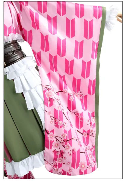 Cosplay Full Set + Wig: Pink & Green Gradient Hair, White Ruffled Shirt, Olive Skirt, Geometric Coat - 16