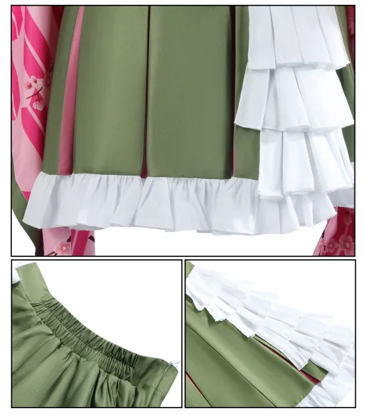 Cosplay Full Set + Wig: Pink & Green Gradient Hair, White Ruffled Shirt, Olive Skirt, Geometric Coat - 18