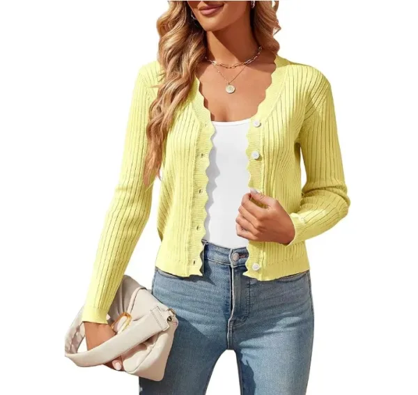Lemon Yellow Ribbed Scalloped Hem Cardigan - 1