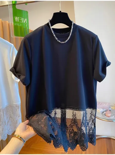 Lace-Trimmed Oversized T-Shirt White - 11