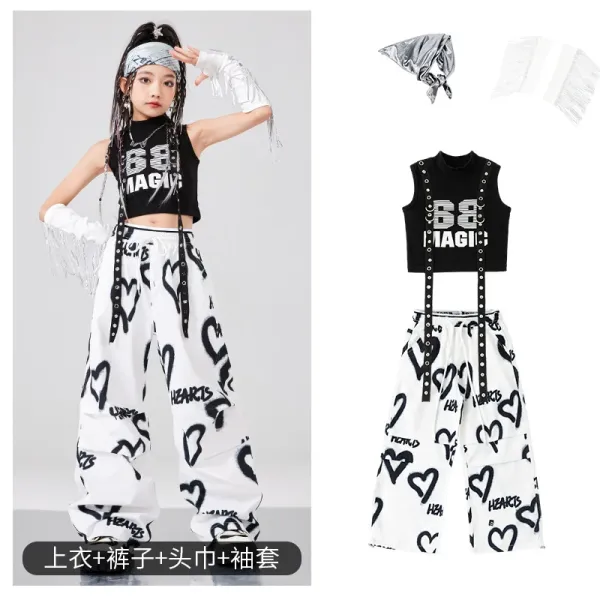 SS Magic Streetwear Set Black/White Heart Print Pants and Vest Top with Headband and Fringe Sleeves - 1