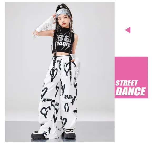 BB Magic Streetwear Set Black/White Heart Print Vest Top + Cargo Pants + Fringe Arm Warmers + Chain Necklace - 15
