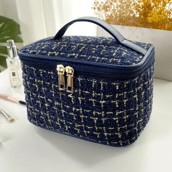 Tweed-Style Navy Blue Gold-Thread Cosmetic Case - 1