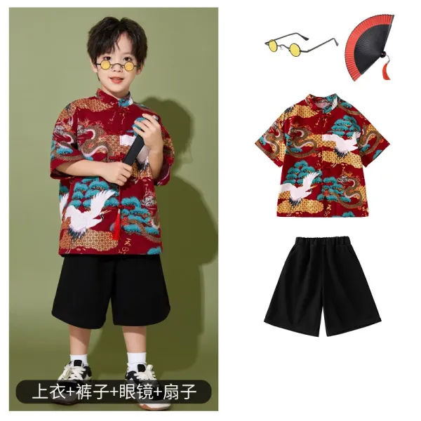Traditional Chinese Dragon and Crane Print Shirt Set with Accessories in Red Multicolor - 1