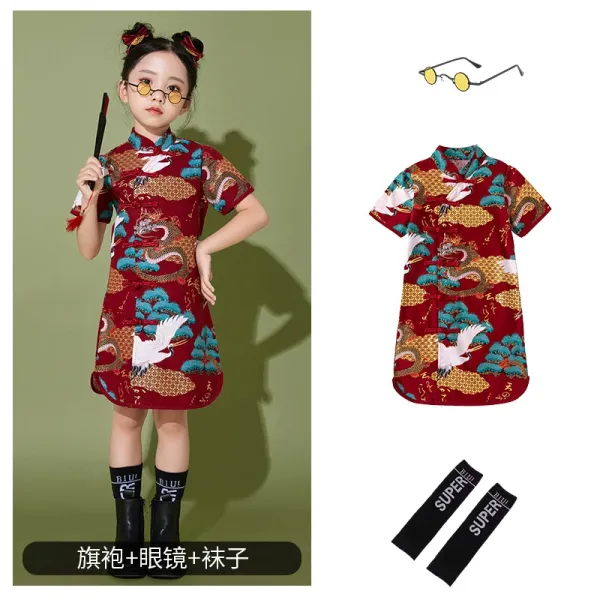 Traditional Chinese Qipao Dress with Dragon and Crane Print Red Multicolor Dress - 1