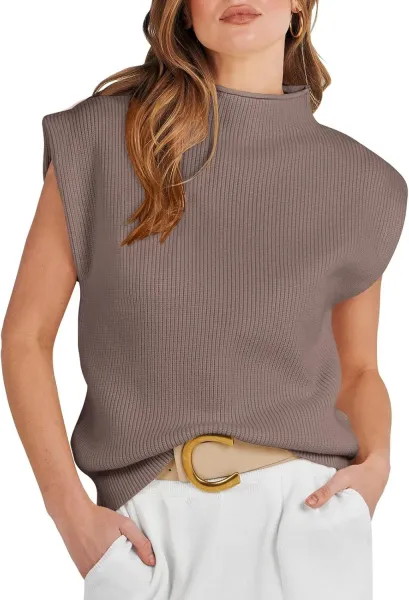 Ribbed Sleeveless Turtleneck Top in Pink Sweater - 15