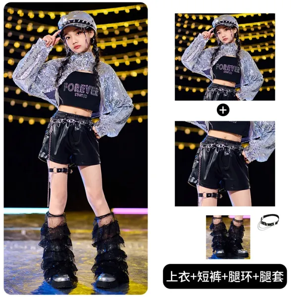 Forever 21 x Streetwear Collection Silver Sequin Cropped Jacket + Black PU Shorts + Chain Leg Rings + Ruffled Lace Boot Covers - 1
