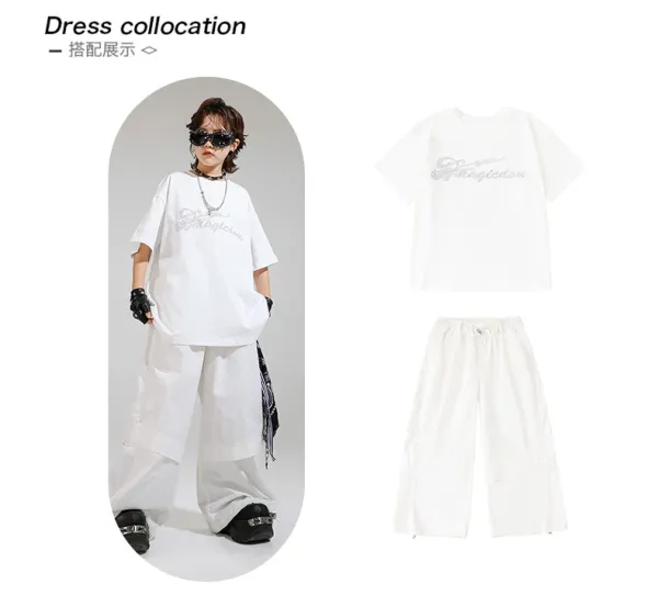 Magicdou Graphic Embroidered Oversized T-Shirt and Wide-Leg Pants Set in White with Black Accessories - 4