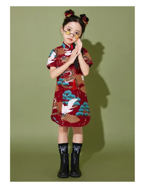 Traditional Chinese Dragon and Crane Print Shirt Set with Accessories in Red Multicolor - 17