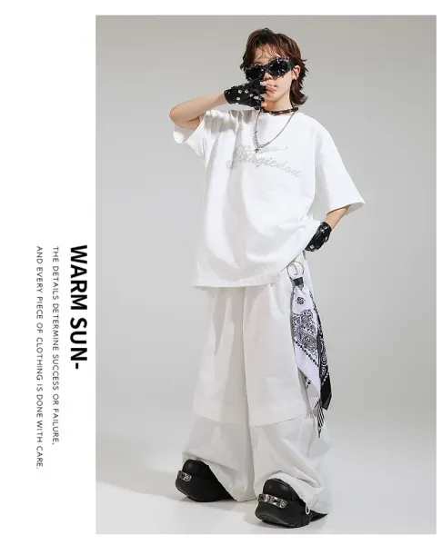 Magicdou Graphic Embroidered Oversized T-Shirt and Wide-Leg Pants Set in White with Black Accessories - 12