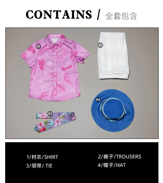 Hawaiian-Style Summer Set: Pink Floral Shirt, White Trousers, Floral Tie, Blue Bucket Hat - 17