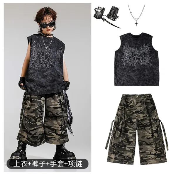 Design Streetwear Set: Acid Wash Rhinestone Vest Top + Camo Cargo Shorts + Fingerless Gloves + Cross Necklace - 1