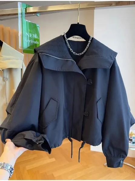 Design Oversized Collar Windbreaker Beige Outerwear - 12