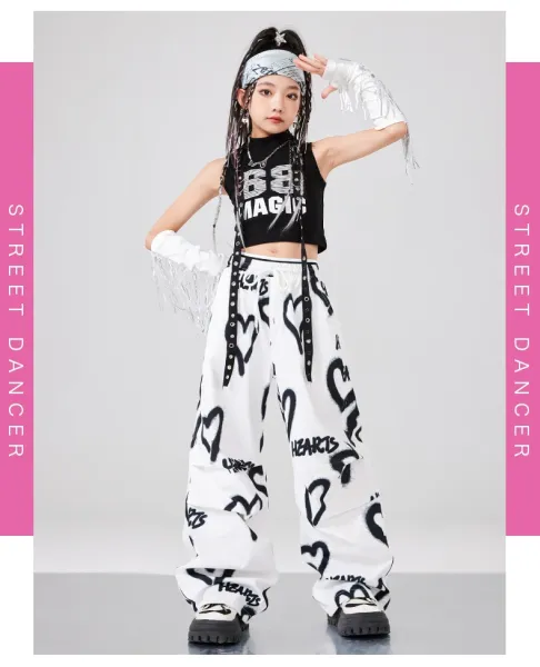 BB Magic Streetwear Set Black/White Heart Print Vest Top + Cargo Pants + Fringe Arm Warmers + Chain Necklace - 10