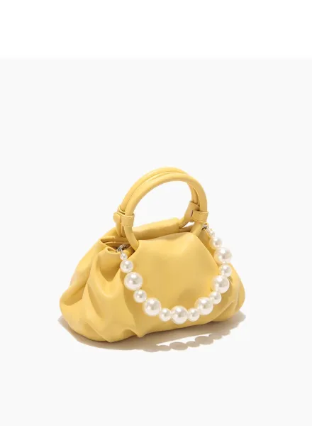 Yellow Pearl-Embellished Structured Handbag - 34