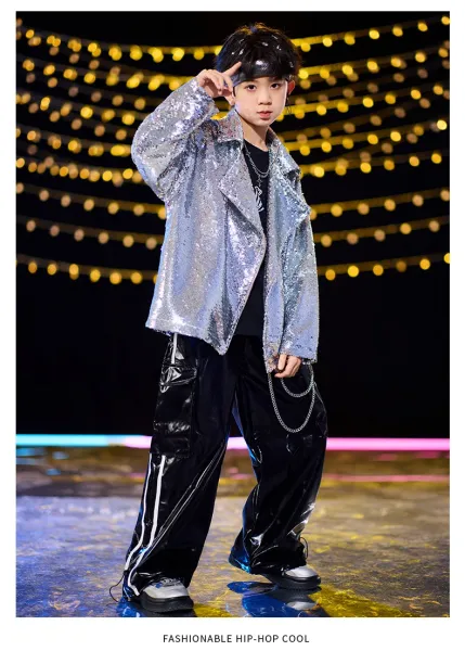 Design Sequined Oversized Jacket Silver + Black Graphic T-Shirt + Glossy PVC Pants + Chain-Embellished Cap + Cross Pendant Necklace Set - 9