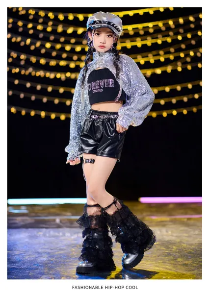 Design Sequined Oversized Jacket Silver + Black Graphic T-Shirt + Glossy PVC Pants + Chain-Embellished Cap + Cross Pendant Necklace Set - 11