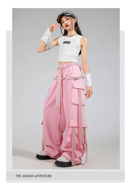 Miu Miu Sequined Crop Top + Cargo Pants Set in Pink and Silver - 12