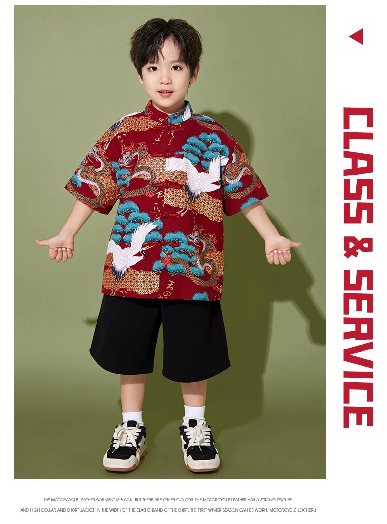 Traditional Chinese Dragon and Crane Print Shirt Set with Accessories in Red Multicolor - 10