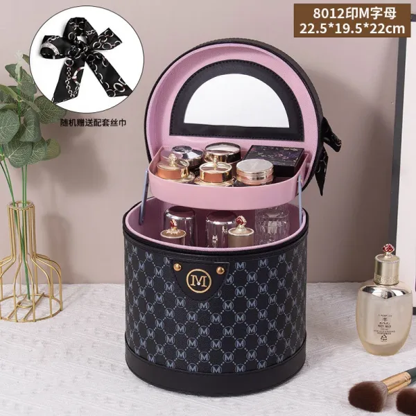 M Letter Print Cosmetic Case Black Pink Bucket Bag - 1