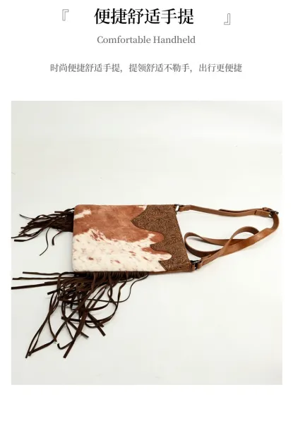 TZECHO Cowhide Fringe Crossbody Bag Brown and White - 10