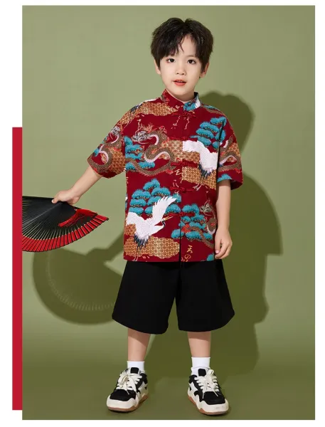 Traditional Chinese Dragon and Crane Print Shirt Set with Accessories in Red Multicolor - 13