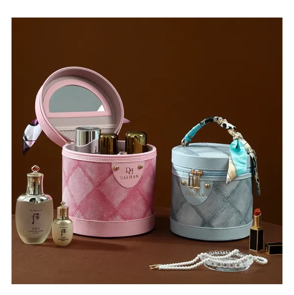 M Letter Print Cosmetic Case Black Pink Bucket Bag - 23