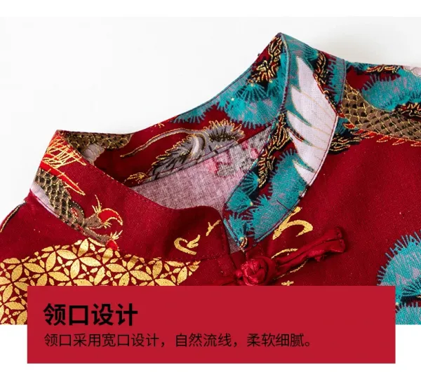 Traditional Chinese Dragon and Crane Print Shirt Set with Accessories in Red Multicolor - 20