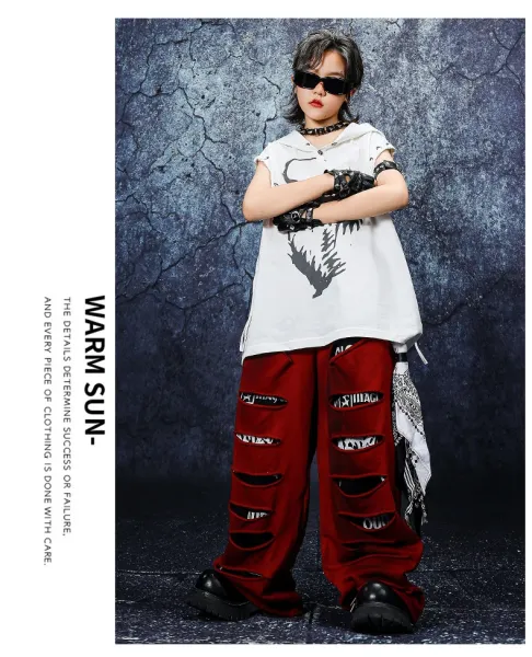 Design Streetwear Set: Dragon Print Hooded Vest + Distressed Red Wide-Leg Pants + Black-White Tassel Pendant - 11
