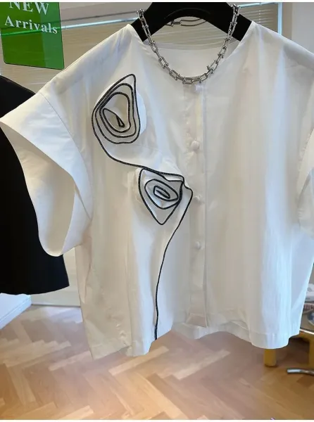 Olive Green Asymmetrical Rose-Embroidered Shirt Top - 19