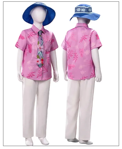 Hawaiian-Style Summer Set: Pink Floral Shirt, White Trousers, Floral Tie, Blue Bucket Hat - 4