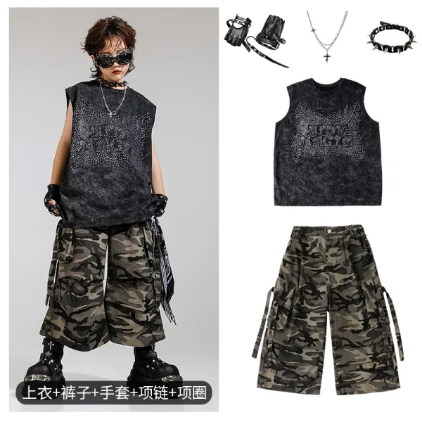 Design Streetwear Set: Acid Wash Rhinestone Vest Top + Camo Cargo Shorts + Spiked Accessories - 1