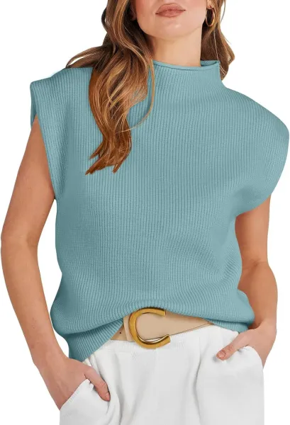 Ribbed Sleeveless Turtleneck Top in Pink Sweater - 17