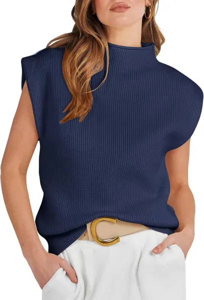 Ribbed Sleeveless Turtleneck Top in Pink Sweater - 14