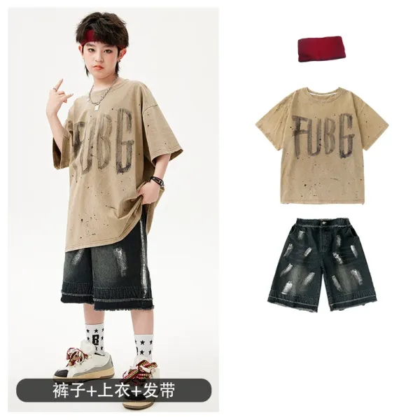 FUBG Distressed Oversized T-Shirt + Ripped Denim Shorts + Red Headband Set - 1