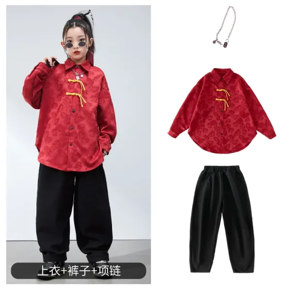 Chinese-Inspired Velvet Shirt + Satin Pants + Chain Necklace Set Red/Black - 1