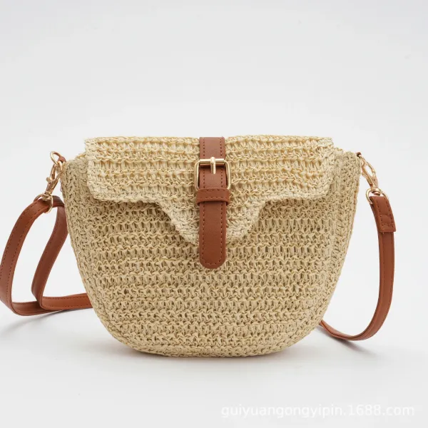 Straw Saddle Bag with Brown Leather Strap Beige Crossbody Bag - 1