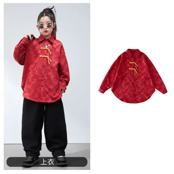 Red Brocade Mandarin Collar Shirt with Yellow Frog Buttons - 1
