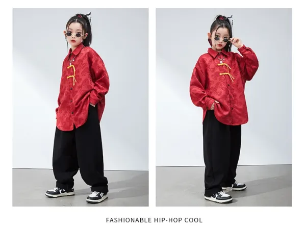 Chinese-Inspired Velvet Shirt + Satin Pants + Chain Necklace Set Red/Black - 11