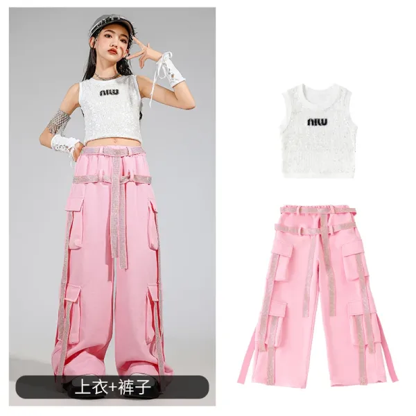Miu Miu Sequined Crop Top and Cargo Pants Set Pink - 1