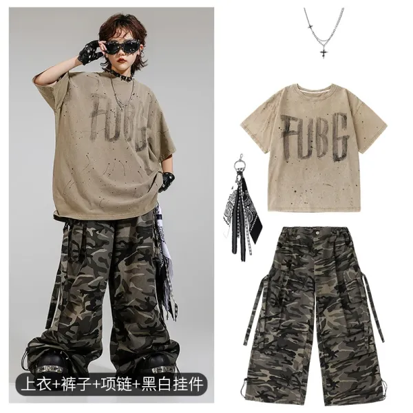 FUBG Graphic Print Oversized T-Shirt and Camo Cargo Pants Set with Cross Necklace and Bandana Keychain - 1