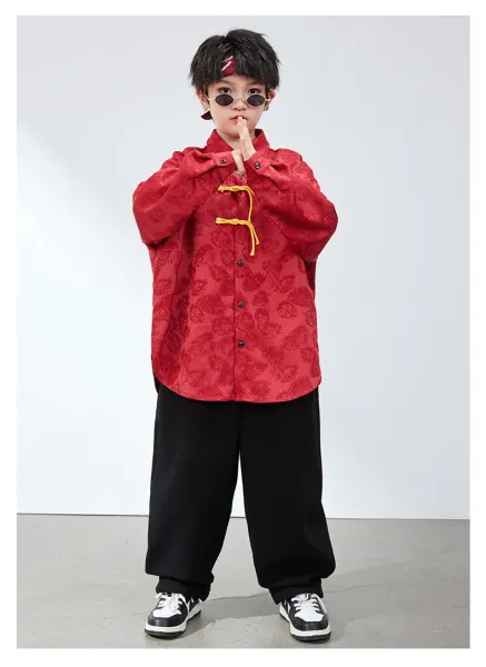 Chinese-Inspired Velvet Shirt + Satin Pants + Chain Necklace Set Red/Black - 16